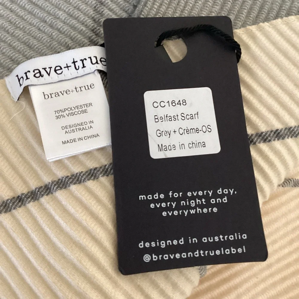 Brave + True Belfast Scarf Grey Cream Plaid Large NWT